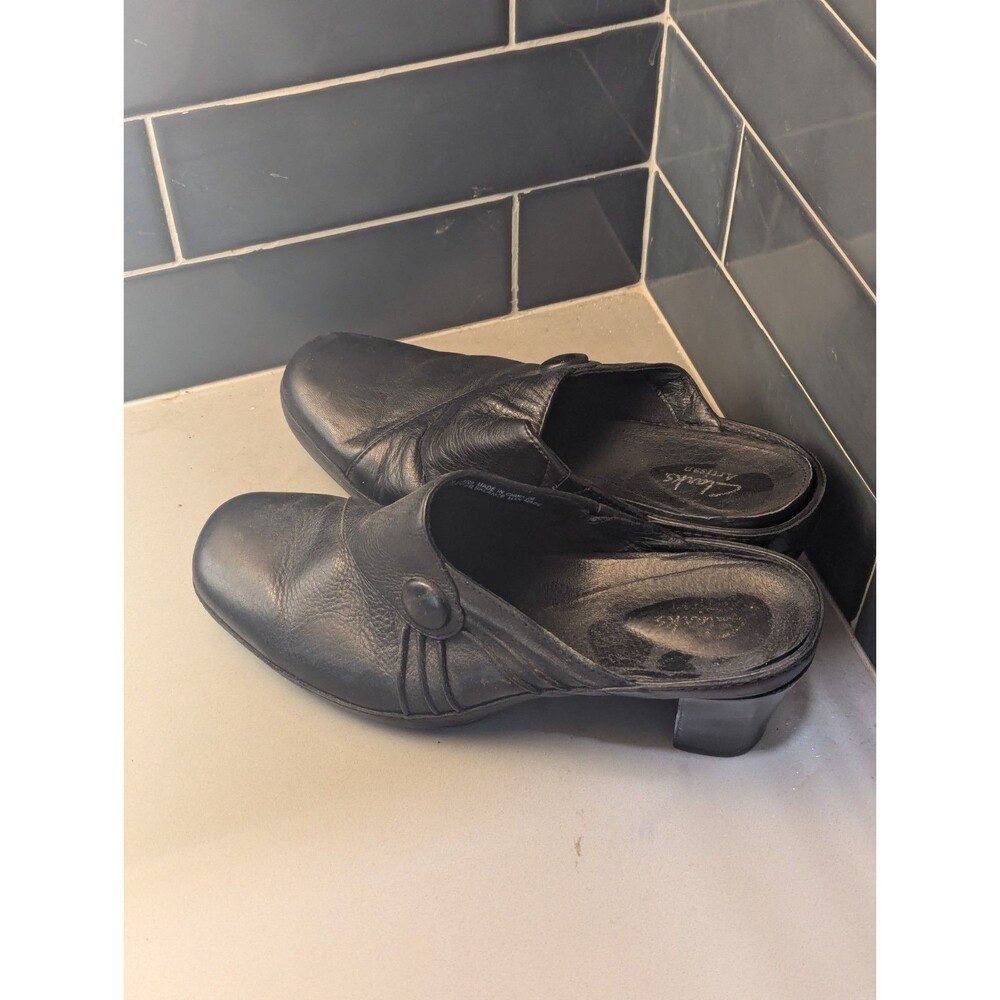 Clarks Artisan Solid Black Leather Mule Diamond Trust Clogs Sz 8.5
